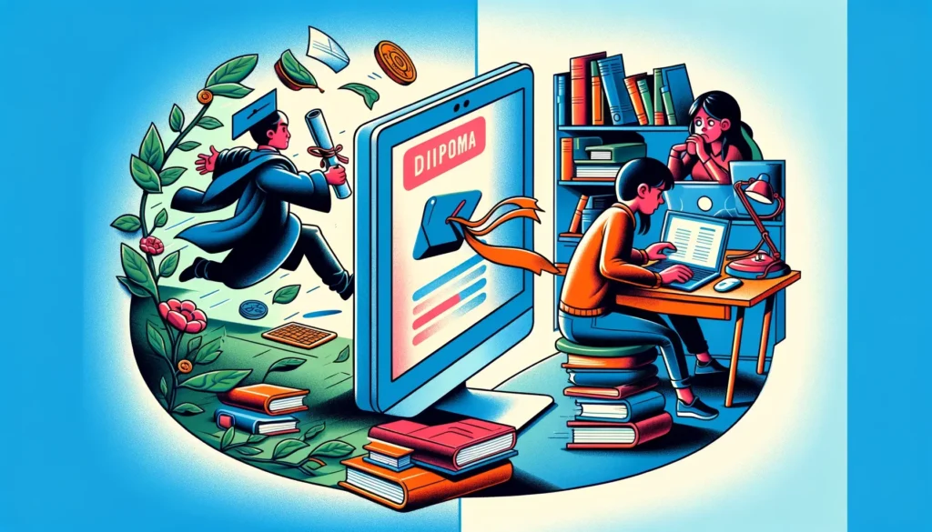 An illustration representing the concept of 'Diploma Facilitado pela Internet'. The image should depict a split scenario_ on one side, a person is qui (1)