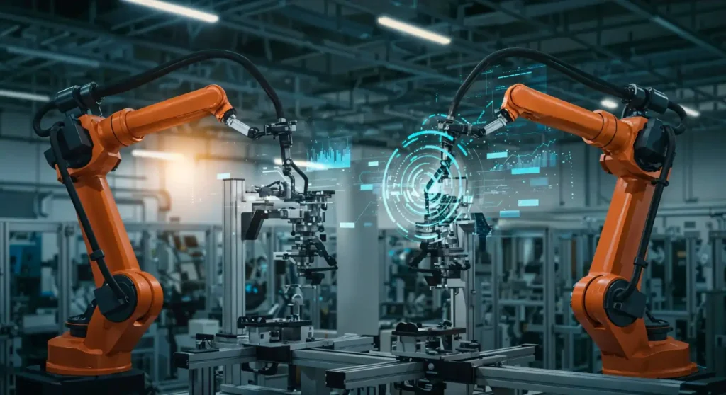 Imagem de robôs industriais automatizando processos de fabricação, destacando a importância da automação industrial para eficiência e redução de custos, abordando também o cálculo de payback e o momento financeiro ideal para automação.