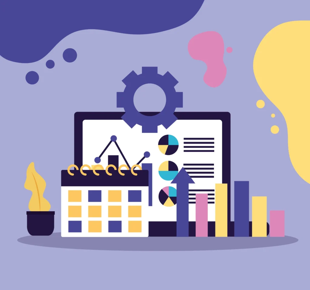 Imagem ilustrativa sobre controle estatístico de processos (CEP), mostrando gráficos, calendário, engrenagem e análise de dados para fundamentos e implementação prática.