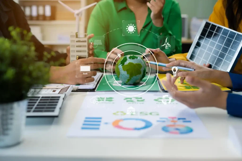 Reunião de profissionais discutindo ESG na indústria, com foco em transformar compliance em vantagem competitiva, usando tecnologia sustentável e inovação.