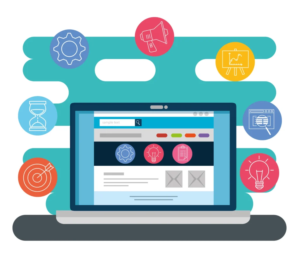 Ilustração de um laptop exibindo interface de site com ícones de opções de ferramentas, metas e gráficos, representando Plataformas para Criar Site Sem Saber Programar: Comparativo para Escolher a Melhor Opção